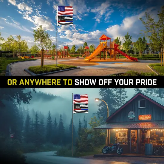 G128 Combo Pack: 20 Ft Telescoping Aluminum Flagpole (Black) & American and Thin Blue Red Line Flags 3x5 Ft, Both ToughWeave Series Embroidered Polyester | Pole with Flags Included {6}