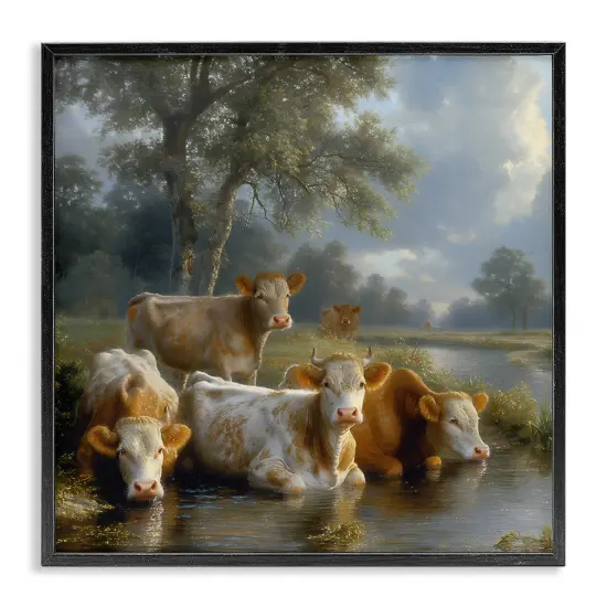 Stupell Industries Cow Family at Creek Framed Giclee Wall Art Design by Steve Huntziker {1}