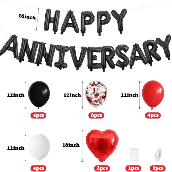 Anniversary Decorations &ndash; Foil Balloon Banner with Confetti and Heart Balloons (Black Red) {2}