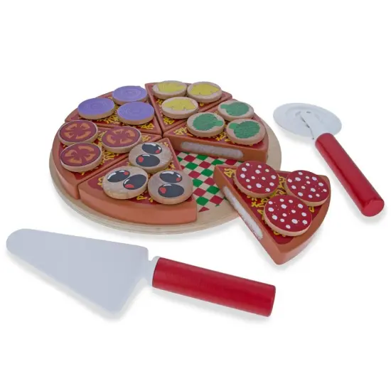Set of 27 Wooden Pieces Make a Pizza with Toppings & Kitchen Tools {1}