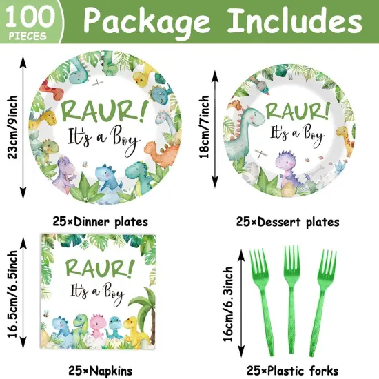 100Pcs Dinosaur Baby Shower Party Decorations for Boy Dino Paper Plates,Serves 25 {1}