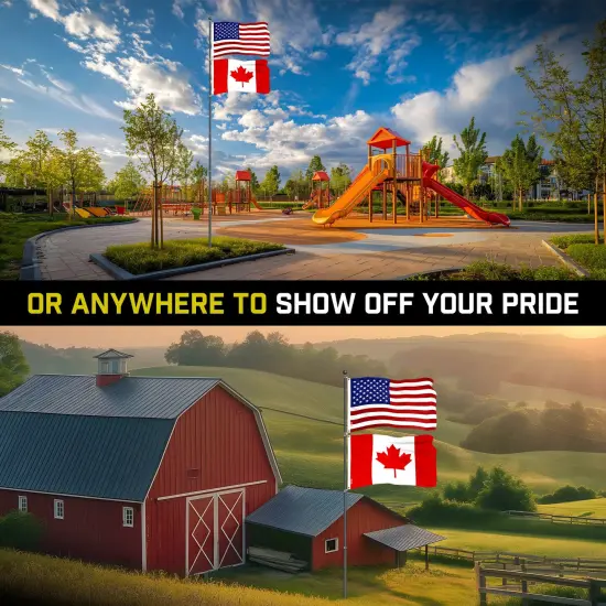 G128 Combo Pack: 20 Ft Telescoping Aluminum Flagpole (Black) & American and Canada Flags 3x5 Ft, Both ToughWeave Series Embroidered Polyester | Pole with Flags Included {6}