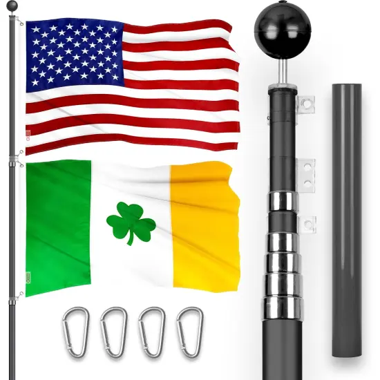 G128 Combo Pack: 20 Ft Telescoping Aluminum Flagpole (Black) & American and Ireland Shamrock Flags 3x5 Ft, Both ToughWeave Series Embroidered Polyester | Pole with Flags Included {1}