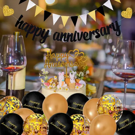 Happy Wedding Decorations &ndash; Gold & Black Banner, Cake Topper, Balloons & Hanging Decor {4}