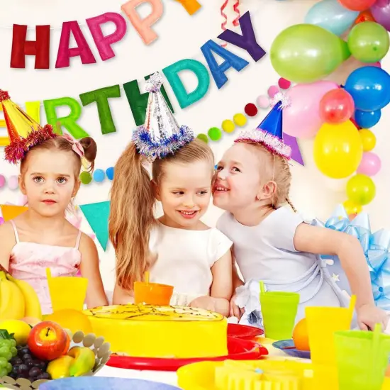Pre-Strung 3D Happy Birthday Banner, 3 PCS Rainbow Happy Birthday Felt Garland, Pom Pom Garland, Triangle Fabric Garland Bunting, Reusable Rainbow Birthday Decorations {5}