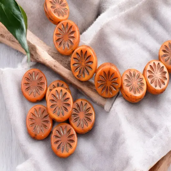 *15* 12mm Metallic Brown Washed Orange Opaline Aster Flower Coin Beads {2}