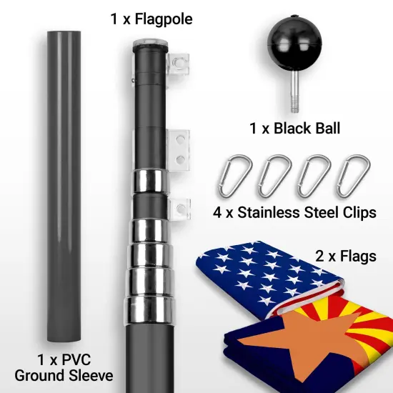 G128 Combo Pack: 25 Ft Telescoping Aluminum Flagpole (Black) & American and Arizona Flags 3x5 Ft, Both ToughWeave Series Embroidered Polyester | Pole with Flags Included {2}