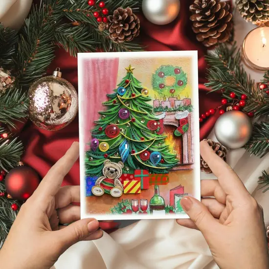 Xmas Tree Snowman Card, 5 x 7, Handmade 3D Quilling Art, Warm Christmas Colors, Blank Inside, Envelope Included {2}
