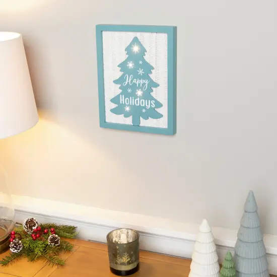 Northlight Lighted Happy Holidays Christmas Tree with Cable Knit Texture Wall Art - 12" Blue {1}