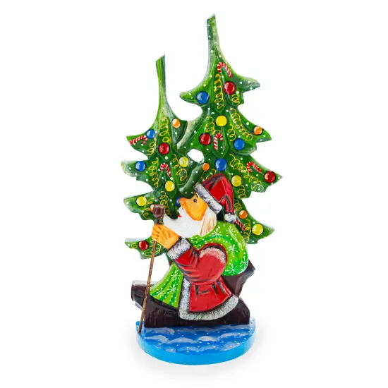 Did Moroz (Santa) and Christmas Tree Hand Carved Ukrainian Wooden Figurine 12.25 Inches {1}