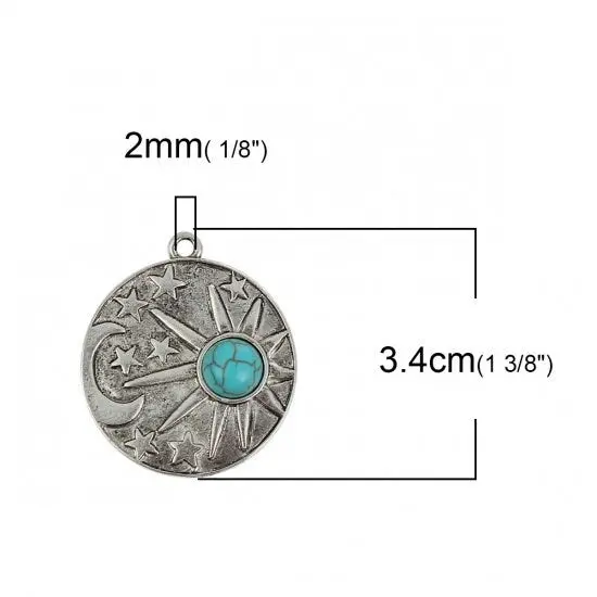 34x29mm Antique Silver w/Turquoise Sun Moon Pendants - 6pcs {2}