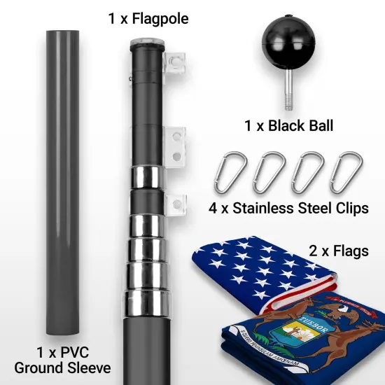 G128 Combo Pack: 20 Ft Telescoping Aluminum Flagpole (Black) & American and Michigan Flags 3x5 Ft, Both ToughWeave Series Embroidered Polyester | Pole with Flags Included {2}