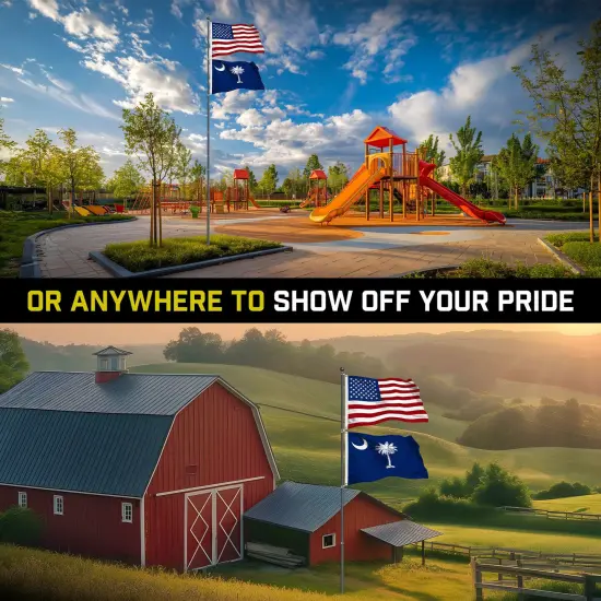 G128 Combo Pack: 25 Ft Telescoping Aluminum Flagpole (Black) & American and South Carolina Flags 3x5 Ft, Both StormFlyer Series Embroidered 220GSM Spun Polyester | Pole with Flags Included {6}