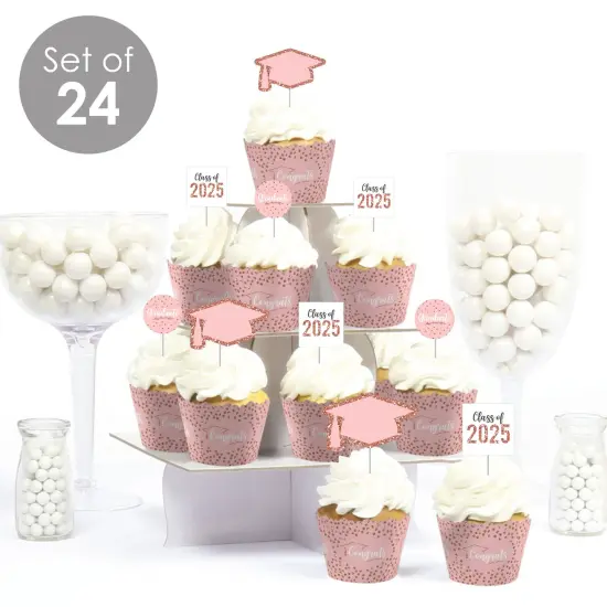Big Dot of Happiness Rose Gold Grad - Cupcake Decoration - 2025 Graduation Party Cupcake Wrappers and Treat Picks Kit - Set of 24 {3}