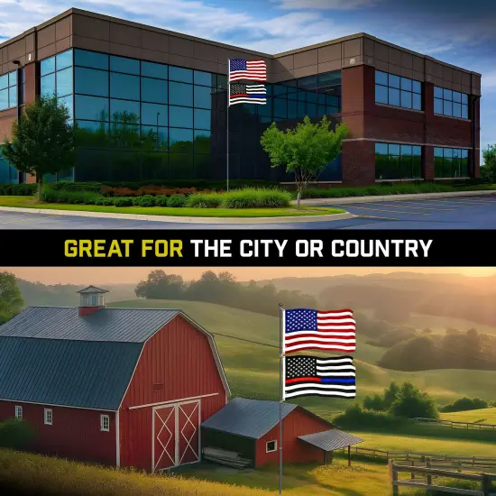 G128 Combo Pack: 20 Ft Telescoping Aluminum Flagpole (Black) & American and Thin Blue Red Line Flags 3x5 Ft, Both ToughWeave Series Embroidered Polyester | Pole with Flags Included {5}
