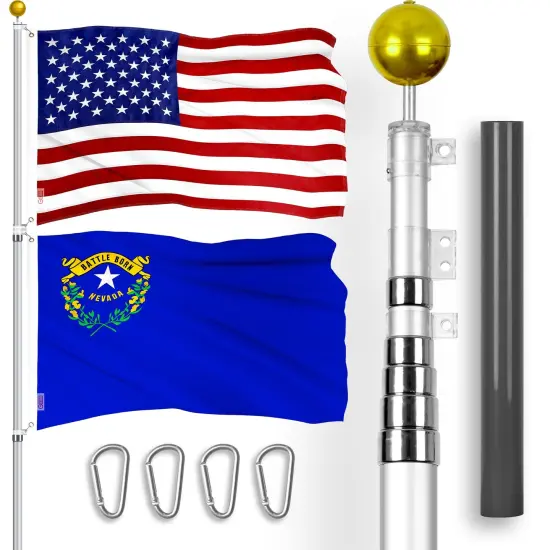 G128 Combo Pack: 20 Ft Telescoping Aluminum Flagpole (Silver) & American and Nevada Flags 3x5 Ft, Both ToughWeave Series Embroidered Polyester | Pole with Flags Included {1}
