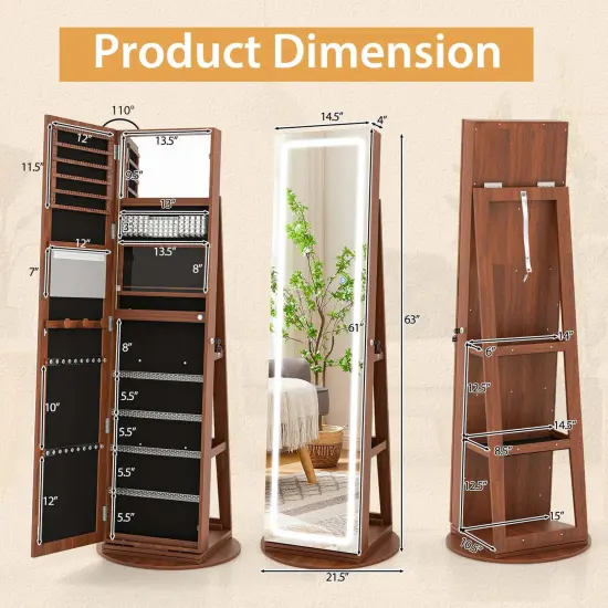 Costway 360&deg; Swivel Jewelry Cabinet Organizer 3-Color LED Mirror with Built-in&nbsp;Lights Coffee/White/Black/Brown {3}
