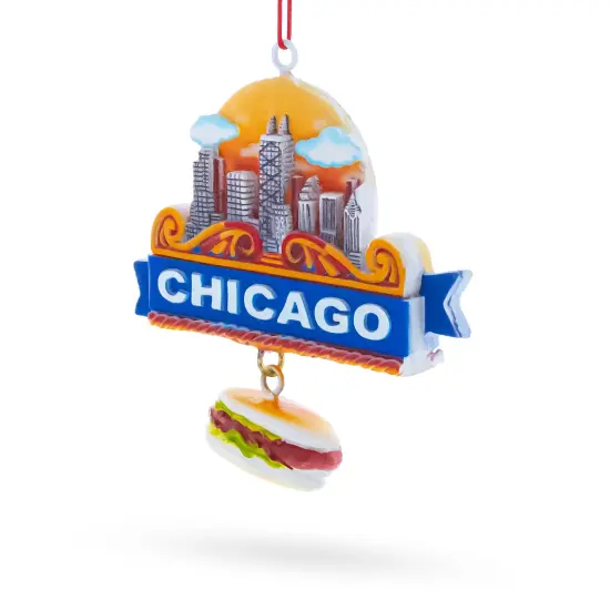 Chicago Skyline with Hot Dog Resin Christmas Ornament {3}