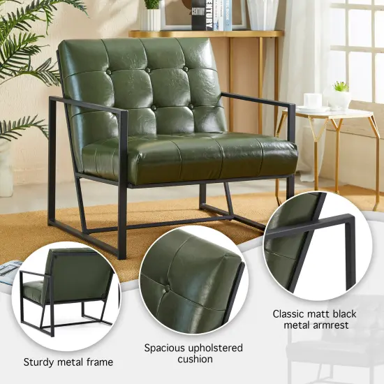 30.5"H Mid-Century Modern Leatherette Button-tufted Accent Arm Chair with Black Metal Frame Green {3}