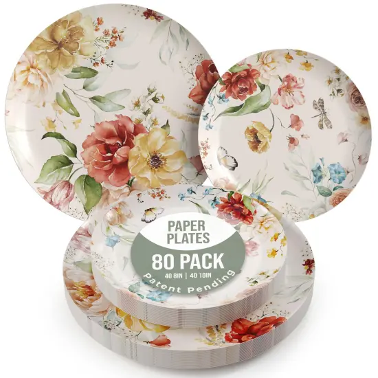 Earthtrends Heavy Duty Paper Plates for parties &ndash; Includes 8-Inch Paper Dessert Plates and 10-Inch Paper Dinner Plates &ndash; Disposable Floral Paper Plates for Parties, Weddings, Events, BBQs, Birthdays, Catering, Holidays &ndash; Elegant Tableware Set Aviv 80 {1}