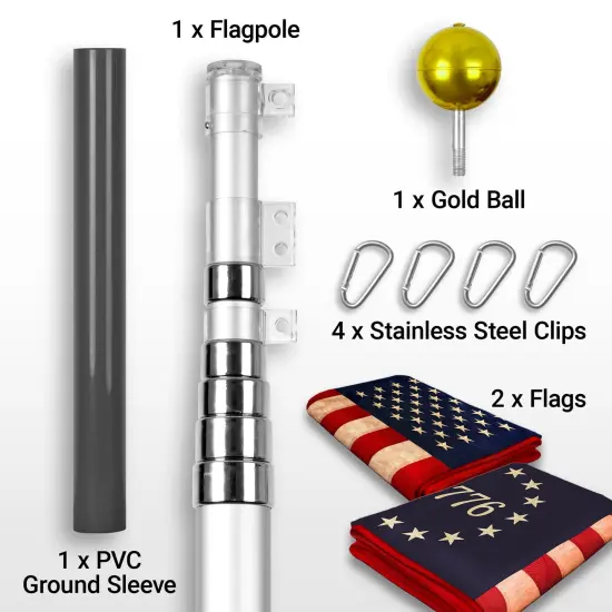 G128 Combo Pack: 20 Ft Telescoping Aluminum Flagpole (Silver) & American and Betsy Ross 1776 Tea Stained Flags 3x5 Ft, Both ToughWeave Series Embroidered Polyester | Pole with Flags Included {2}