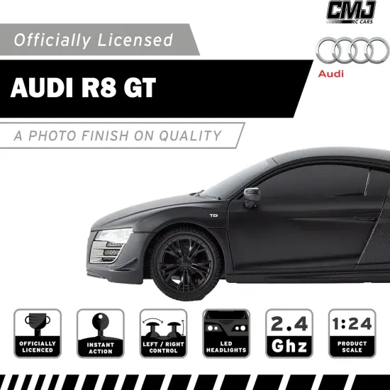 CMJ RC Cars: Audi R8 GT RC - Black - 1:24 Scale, Remote Control Radio Vehicle, 2.4 Ghz, LED Headlights, Racing Toy, Licensed Limited Edition Model {4}