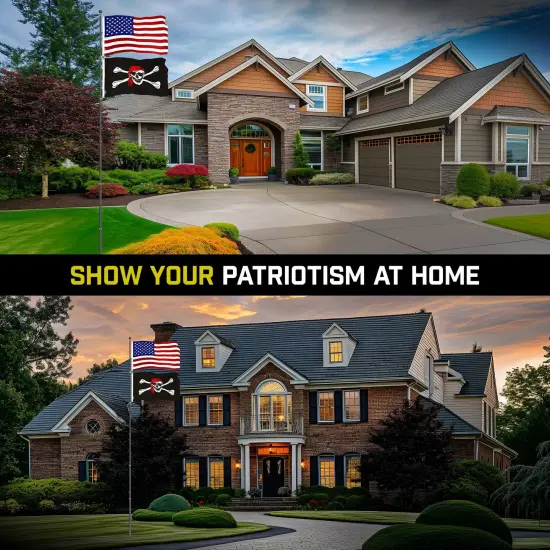 G128 Combo Pack: 20 Ft Telescoping Aluminum Flagpole (Black) & American and Pirate Jolly Roger Head Scarf Flags 3x5 Ft, Both ToughWeave Series Embroidered Polyester | Pole with Flags Included {4}