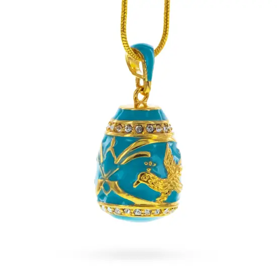 Aquamarine Enamel Gold Bird Royal Egg Pendant Necklace {3}