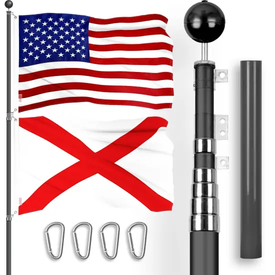 G128 Combo Pack: 20 Ft Telescoping Aluminum Flagpole (Black) & American and Alabama Flags 3x5 Ft, Both ToughWeave Series Embroidered Polyester | Pole with Flags Included {1}