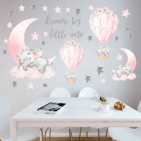 Dream Big Little One Elephant Wall Stickers, Pink Moon Hot Air Balloon Grey Stars Wall Decals for Nursery Kids Room Living Room Bedroom Decorations Home Decor {4}