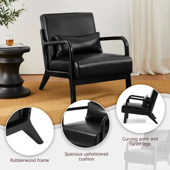 Set of 2 30.75"H Mid-Century Modern PU Leather Armchair Accent Chairs with Pillow Black {4}