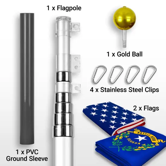 G128 Combo Pack: 20 Ft Telescoping Aluminum Flagpole (Silver) & American and Nevada Flags 3x5 Ft, Both ToughWeave Series Embroidered Polyester | Pole with Flags Included {2}