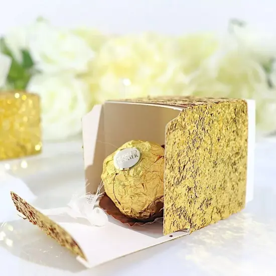 25 Gold 2 in Mini GIFT BOXES Sequin Glittered Favor Holders White Ribbon Party {4}