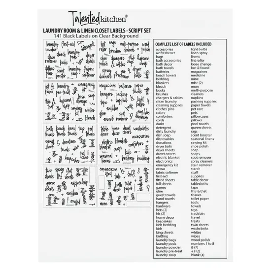 Talented Kitchen 141 Laundry Labels for Jars, Containers - Preprinted Black Script Stickers for Linen Closet, Bathroom, Cleaning Supplies Organization (Water Resistant) {7}