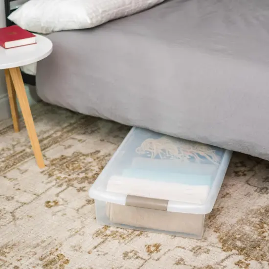 IRIS USA 40 Qt Plastic Under Bed Storage Stackable Nestable Organizer Bin Container with Secure Lids and Durable Tan Buckles, Multi-Purpose for Clothes, Shoes, and Beddings, Clear {4}