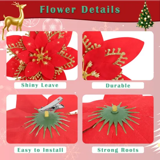 12PCS Christmas Poinsettia Flowers Decorations Artificial Red Glitter Poinsettia Ornaments with Clips & Stems for Xmas Tree, Wreaths, Garland, Holiday Decor {4}