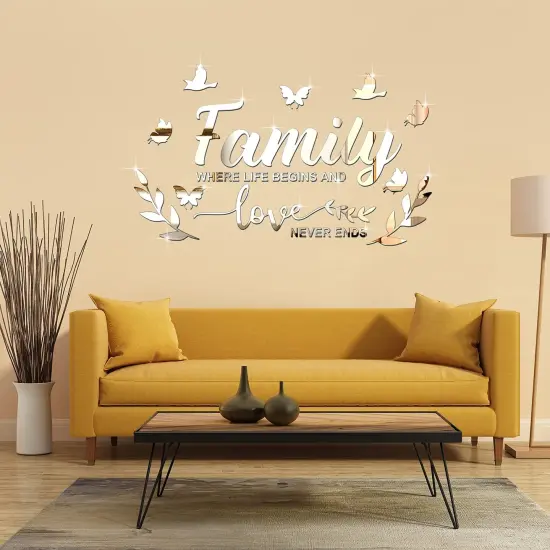 Mirror Family Wall Decor 3D Acrylic Wall Decal Stickers Family Letter Quotes Mirror Decor DIY Removable Wall Art Decals Motivational Butterfly Mural Stickers for Home Decor (Silver) {4}