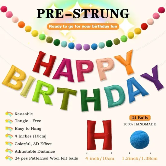 Happy Birthday Banner Felt Ball Garland Colorful Dainty Pre-Strung Rainbow Birthday Banner Reusable Happy Birthday Sign Photo Booth Props Primary Color Birthday Party Decoration for Kids Girls {2}