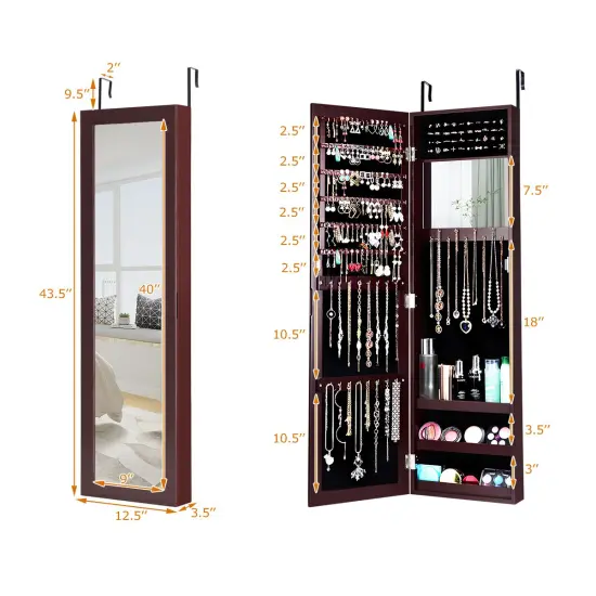 Costway Wall Door Mounted Mirrored Jewelry Cabinet Storage Organizer-Black/Brown/White {2}