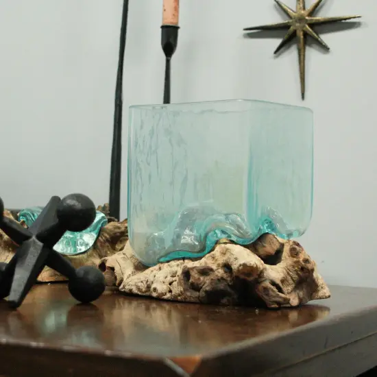 Teak Driftwood Glass Square Vase/Bowl - 8" High - Nature-Inspired Decor Brown {5}