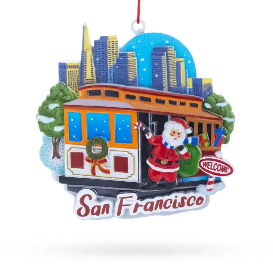 San Francisco Cable Car with Santa and City Skyline Resin Christmas Ornament {1}