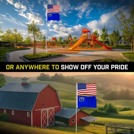 G128 Combo Pack: 20 Ft Telescoping Aluminum Flagpole (Silver) & American and Nevada Flags 3x5 Ft, Both ToughWeave Series Embroidered Polyester | Pole with Flags Included {6}
