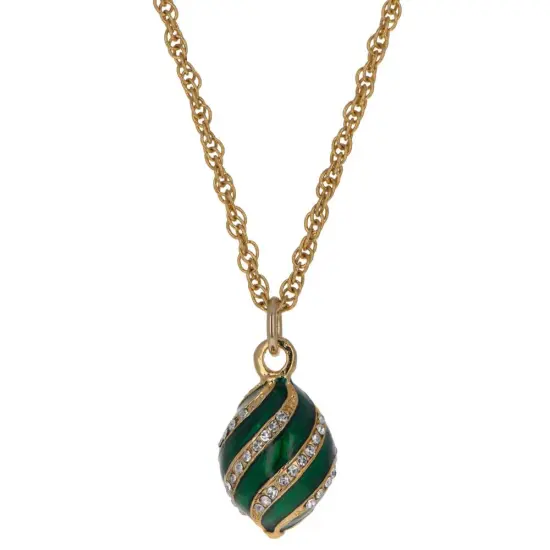 Royal Elegance: Green Enamel & Crystal Egg Pendant Necklace {1}