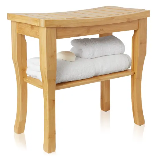 Casafield Bamboo Shower Bench with Storage Shelf, Wooden 2-Tier Bathroom Spa Stool for Indoor or Outdoor Use {3}