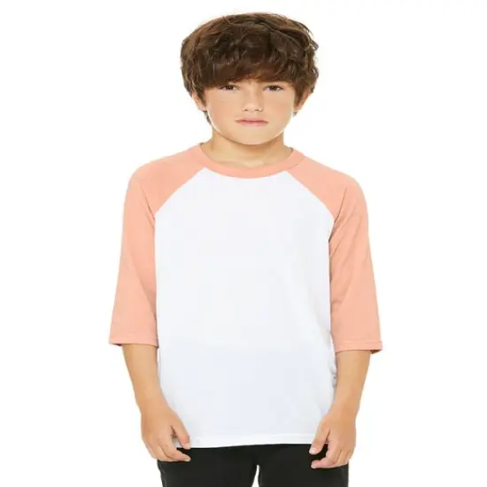 Bella + Canvas&reg; Youth Three-Quarter Sleeve Baseball T-Shirt - 3200Y WHT/ HTHR PEACH {3}