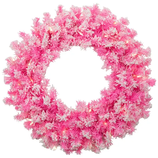 Northlight Pre-Lit Flocked Pine ArtificialChristmas Wreath - 24" - Pink - Clear Lights {3}