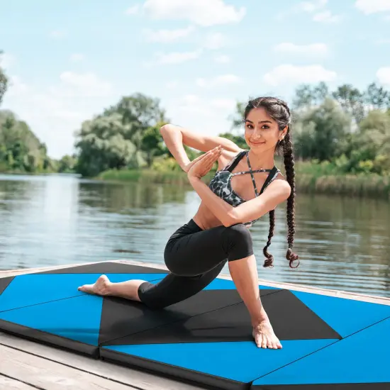 8 Feet PU Leather Folding Gymnastics Mat with Removable Zippered Cover and Hook and Loop Fasteners Blue {1}