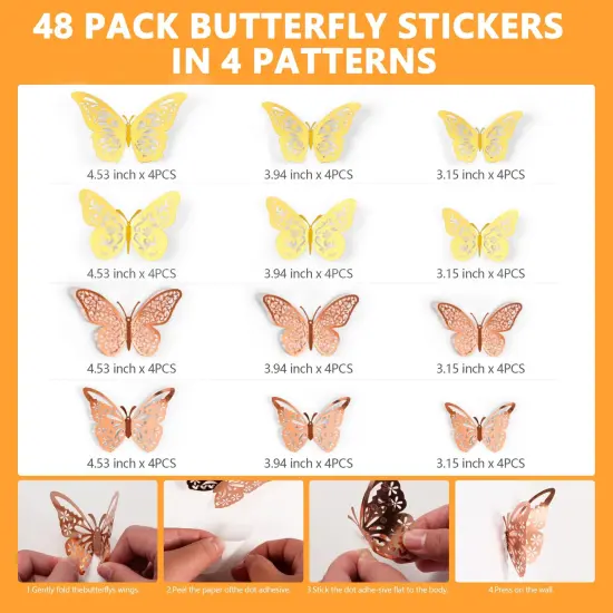Crosize 48 Pcs Gold and Rose Gold Butterfly Decorations, 4 Styles 3 Sizes, Butterfly Wall Decor, 3D Butterfly Party Decorations, Butterflies for Crafts, Bouquet, Cake Decorating, Flower Arrangements {6}
