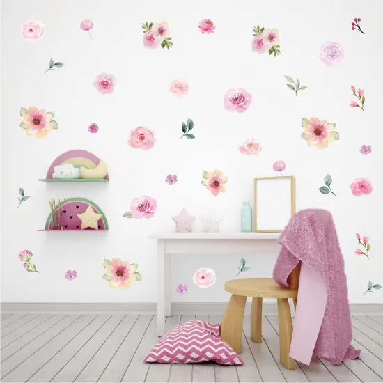 AOWDIAO 60 Pcs Flower Peel and Stick Wall Decals Watercolor Vinyl Peony Floral and Leaves Wall Stickers Pastel Flower Decor for Girls Bedroom Nursery Classroom Living Room {4}