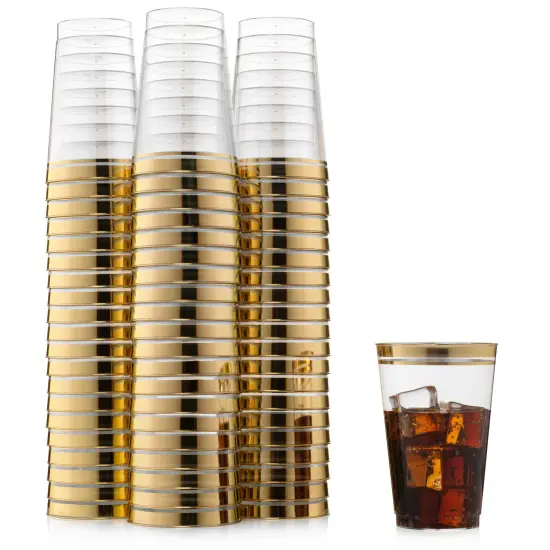 100 Pk 14 oz Clear Plastic Cups | Gold Rimmed Disposable Cups {2}